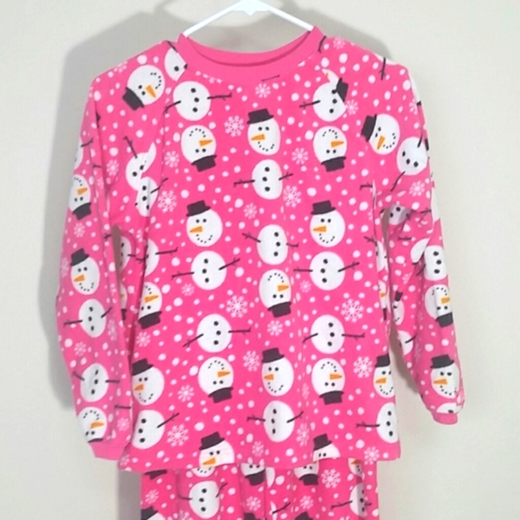 Girls Pajamas fleece Snowman print pink white pj's 2 pieces matching EUC sz 10 - Picture 2 of 4